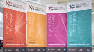 Four roller banner stands on display