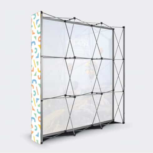 full height image of the back of a fabric pop up stand structure